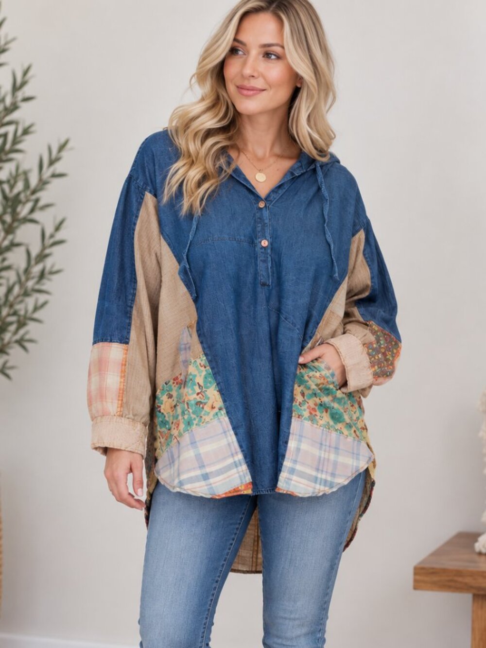 512. Women's Plus Denim Blue Patchwork Boho Hooded Top